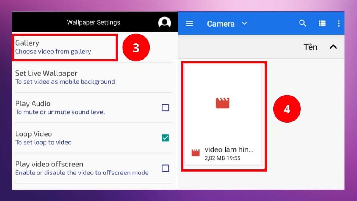 Chọn tệp video từ Gallery trong ứng dụng làm hình nền động chuyên nghiệp.