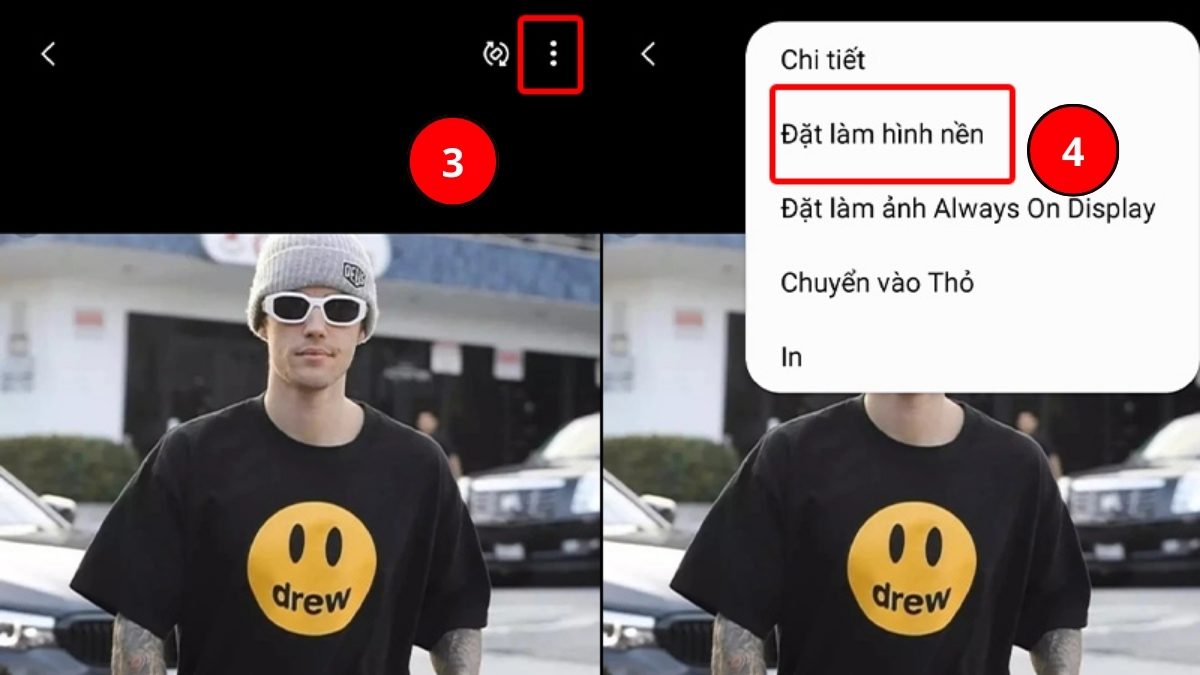 Chọn mục Đặt làm hình nền trong menu tùy chọn của điện thoại Samsung.
