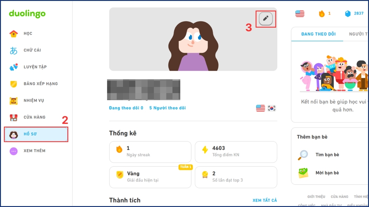 Bước chọn hồ sơ trong cách đổi ảnh đại diện trên duolingo trên máy tính.