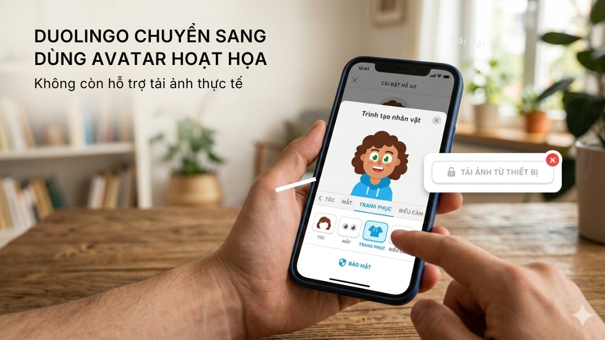 Giao diện trình tạo nhân vật hoạt họa và cách đổi ảnh đại diện trên duolingo.