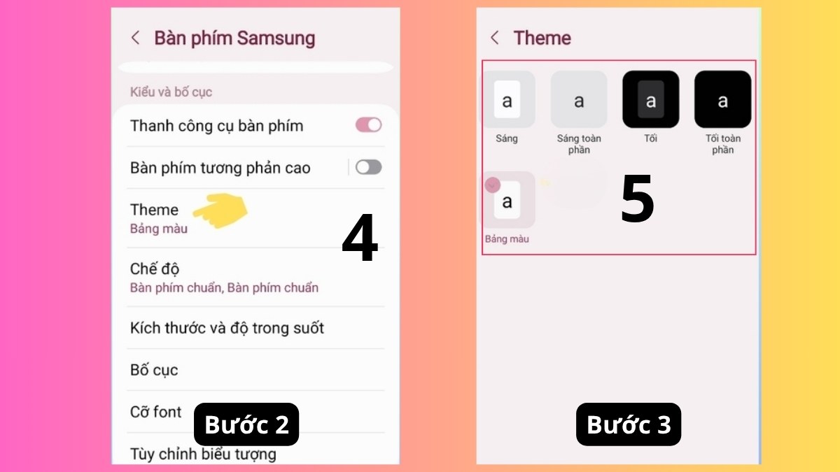 Lựa chọn bảng màu theme theo cách đổi màu bàn phím điện thoại Samsung.