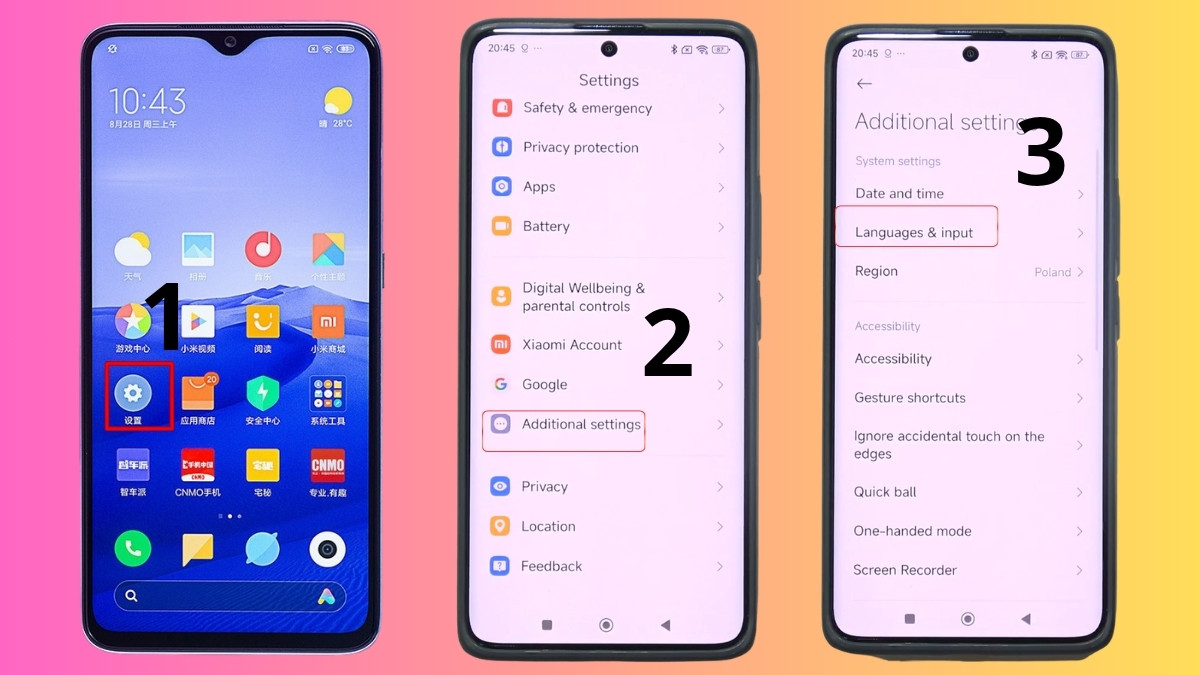 Menu cài đặt ngôn ngữ và cách đổi màu bàn phím điện thoại redmi.