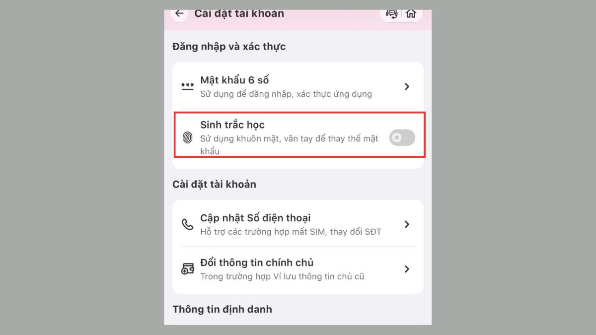 Bật đăng nhập sinh trắc học sau khi hoàn tất cách đổi mật khẩu MoMo.