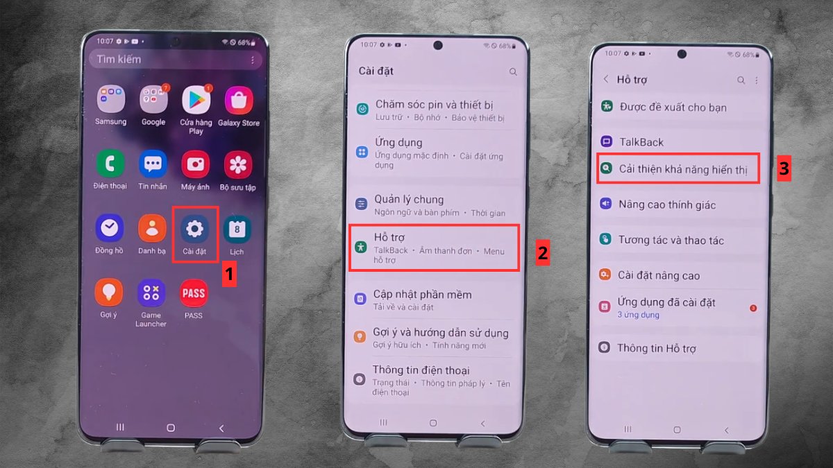 Vào mục Hỗ trợ để tìm cách đổi nền bàn phím samsung chế độ tương phản cao.