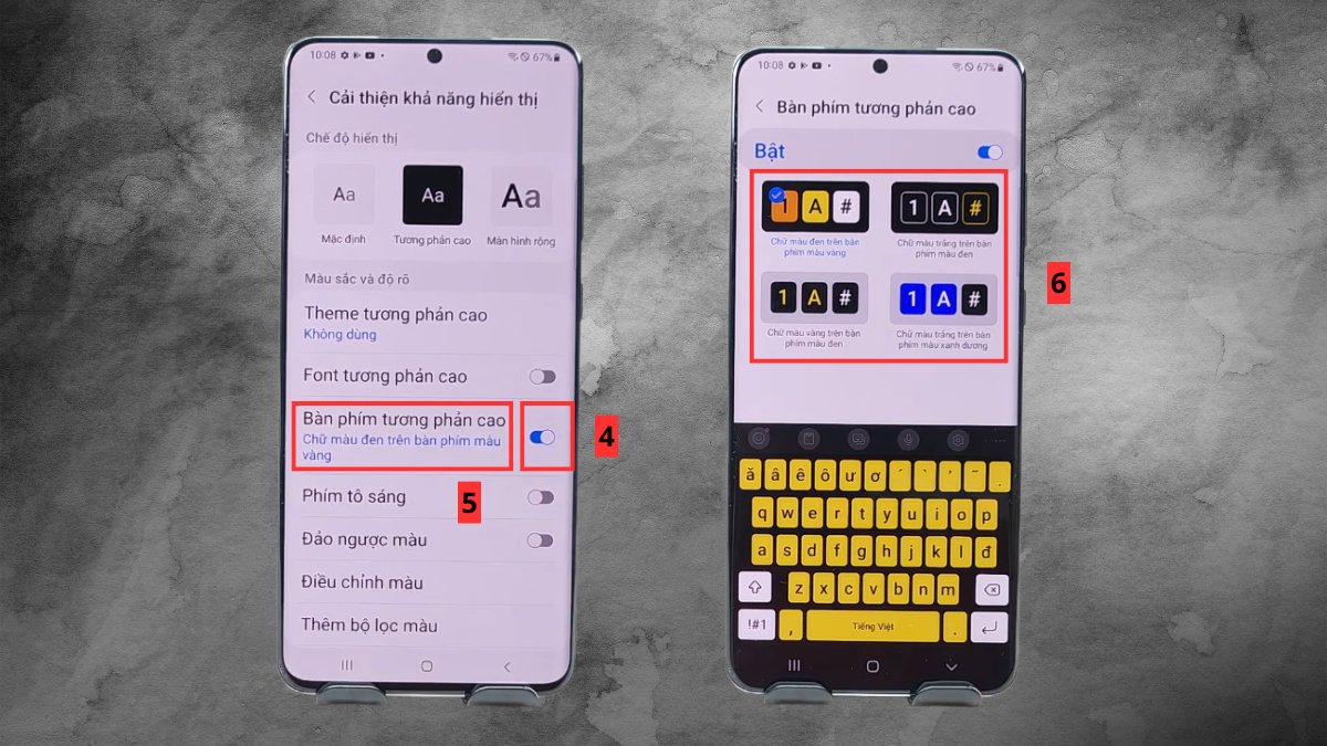 Kích hoạt Bàn phím tương phản cao để thay đổi hình nền bàn phím samsung dễ nhìn hơn.