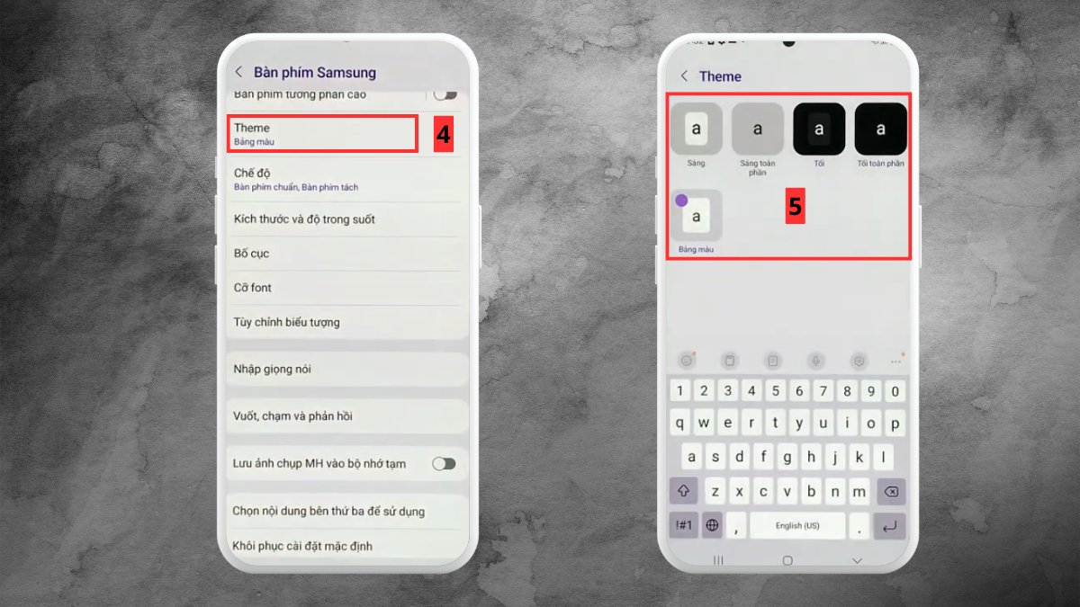 Lựa chọn các chủ đề Theme có sẵn để thực hiện cách thay đổi hình nền bàn phím samsung.