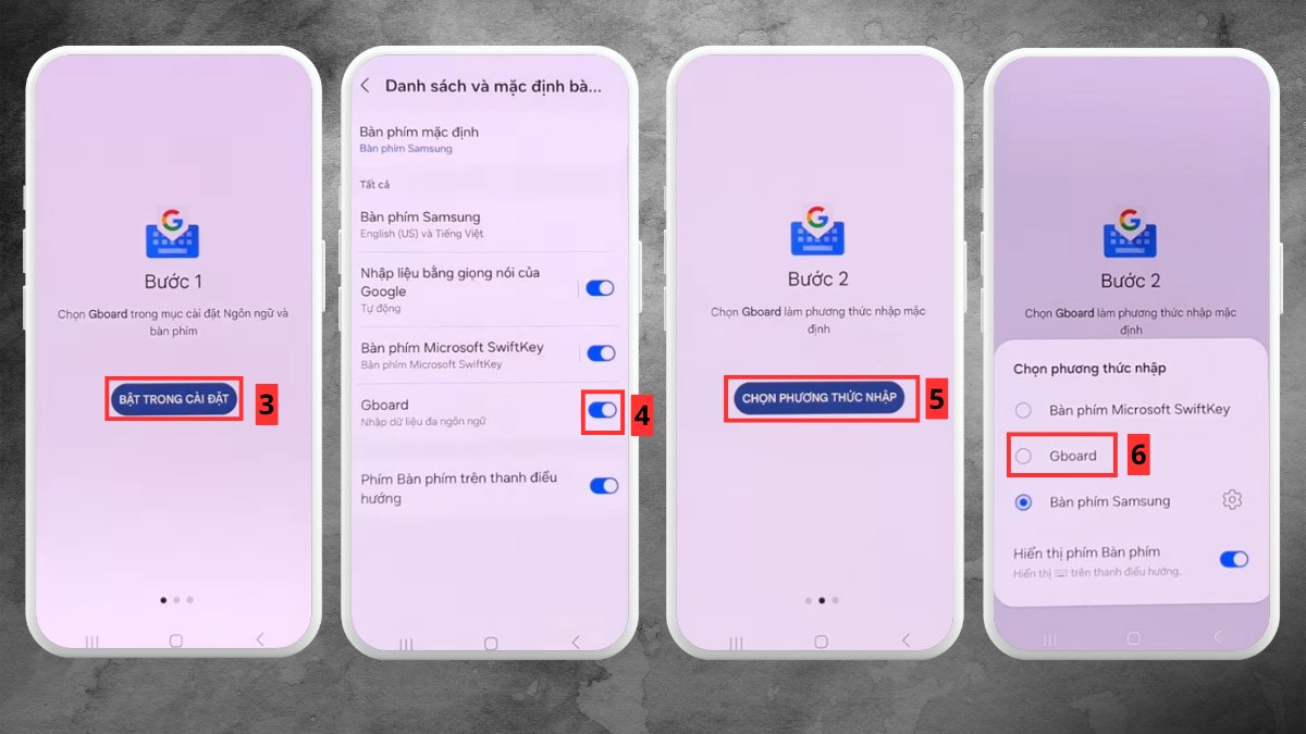 Kích hoạt Gboard trong cài đặt để hỗ trợ cách đổi nền bàn phím samsung linh hoạt.