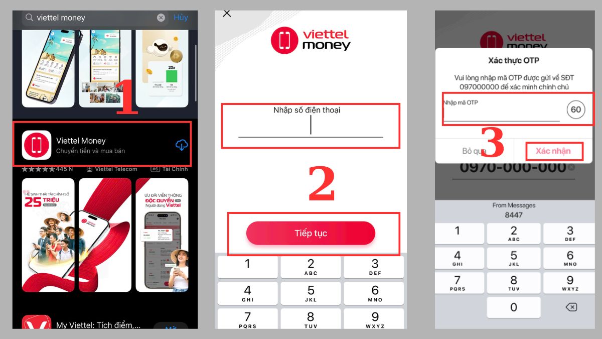 Bước 1: Màn hình Cài đặt Viettel Money và nhập mã OTP, bước đầu tiên để đổi tiền từ thẻ điện thoại sang tiền mặt.