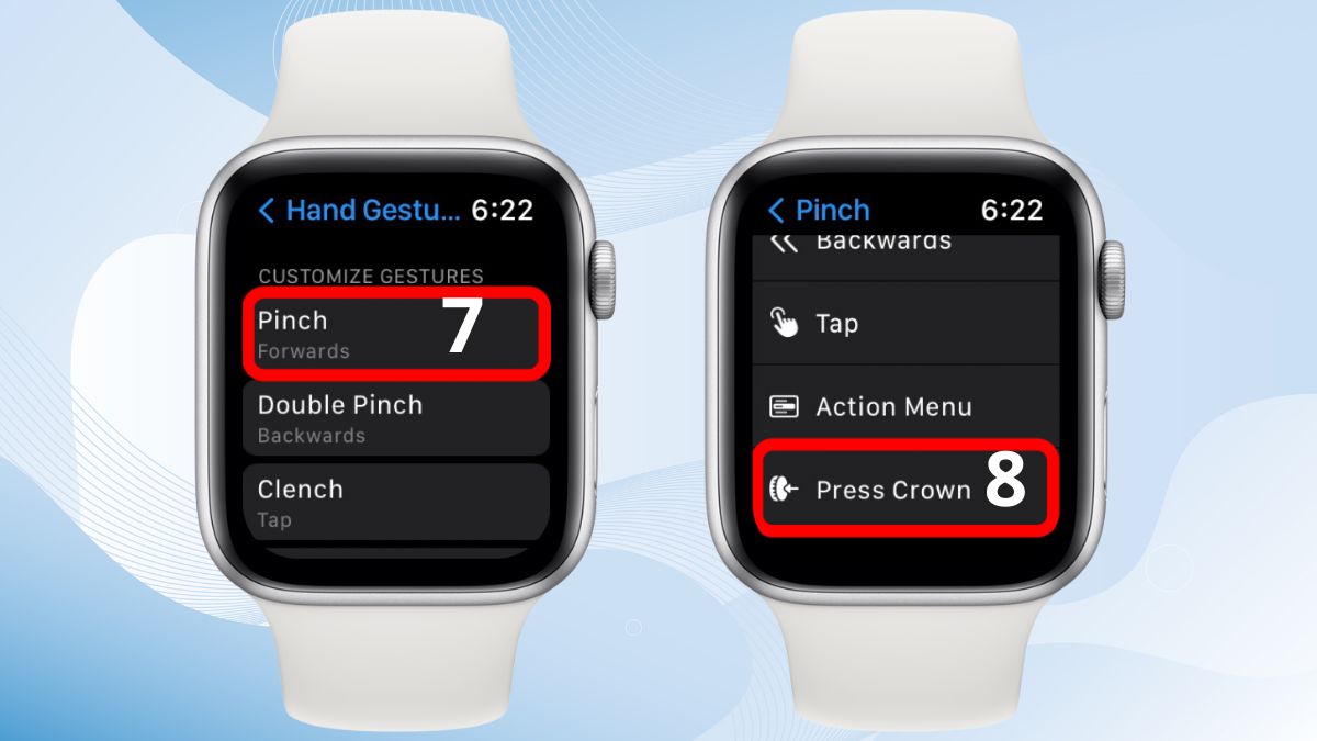 Gán hành động nhấn nút Press Crown cho cử chỉ Pinch khi dùng assistivetouch trên apple watch.