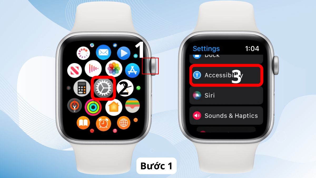 Bước vào Cài đặt và chọn Trợ năng trong quy trình cách bật assistivetouch trên apple watch.