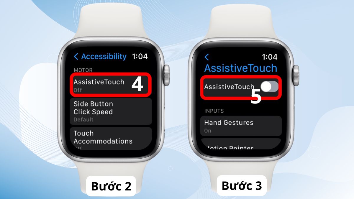 Gạt nút kích hoạt tính năng assistive touch trên apple watch sang màu xanh trên mặt đồng hồ.