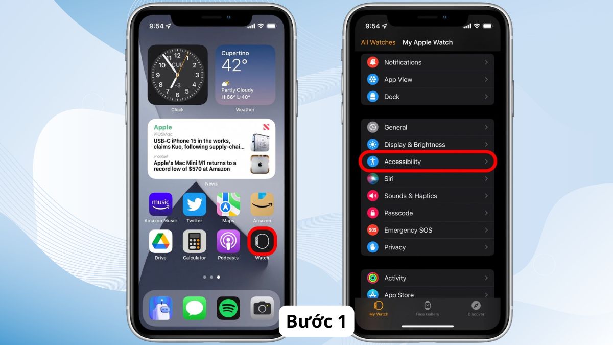 Truy cập ứng dụng Watch trên iPhone để thiết lập cách bật assistivetouch trên apple watch từ xa.