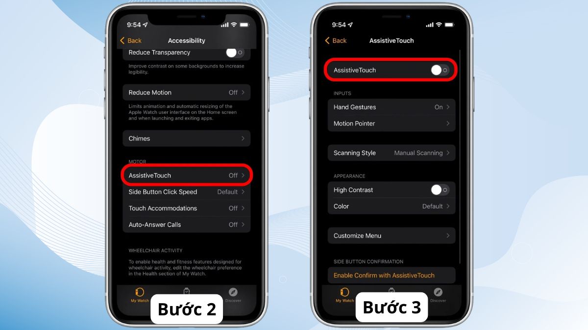 Giao diện kích hoạt trạng thái On cho assistivetouch apple watch thông qua cài đặt trên điện thoại.