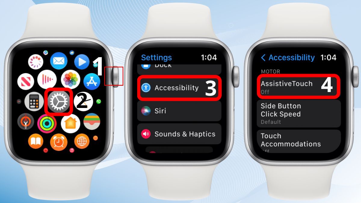 Tổng hợp các bước thao tác trên mặt đồng hồ cho cách bật assistivetouch trên apple watch.