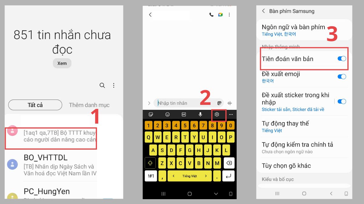 Thao tác mở nhanh cài đặt từ bàn phím để bật gợi ý bàn phím samsung cực nhanh.
