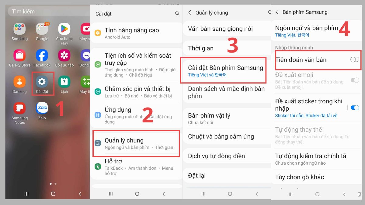 Hướng dẫn vô hiệu hóa Tiên đoán văn bản trong cách tắt gợi ý bàn phím samsung từ cài đặt.