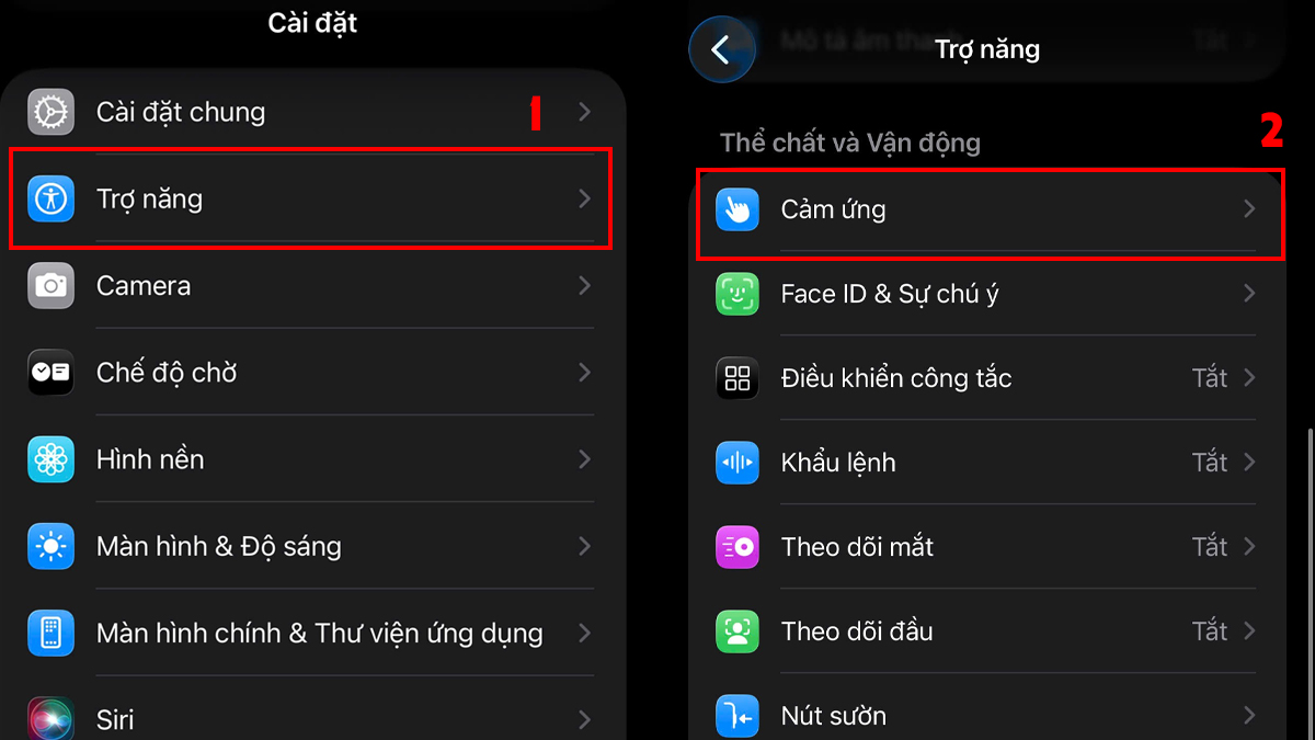 Chọn Trợ năng và Cảm ứng theo cách bật nút home ảo trên iphone 13.