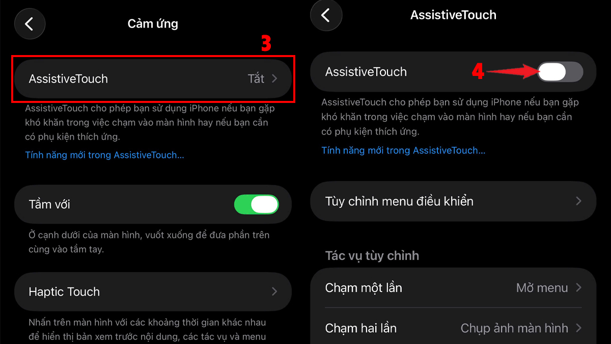 Kích hoạt phím AssistiveTouch trong hướng dẫn cách bật nút home ảo trên iphone 13.