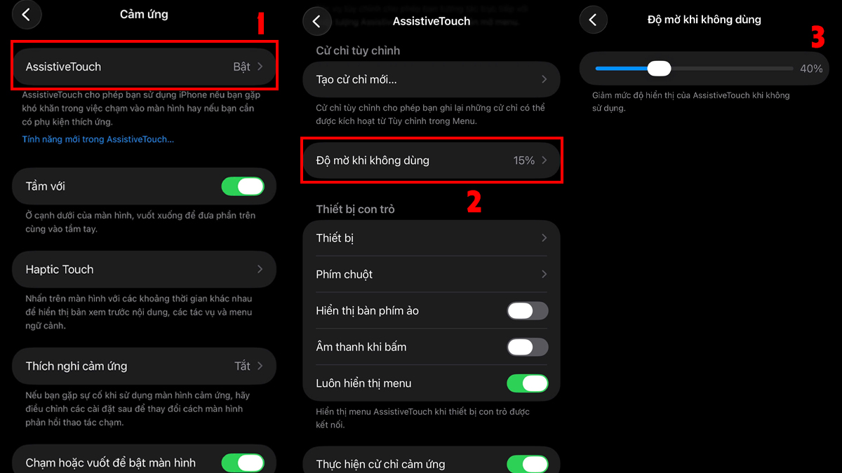 Cấu hình độ mờ hiển thị cho cách bật nút home ảo trên iphone 13.