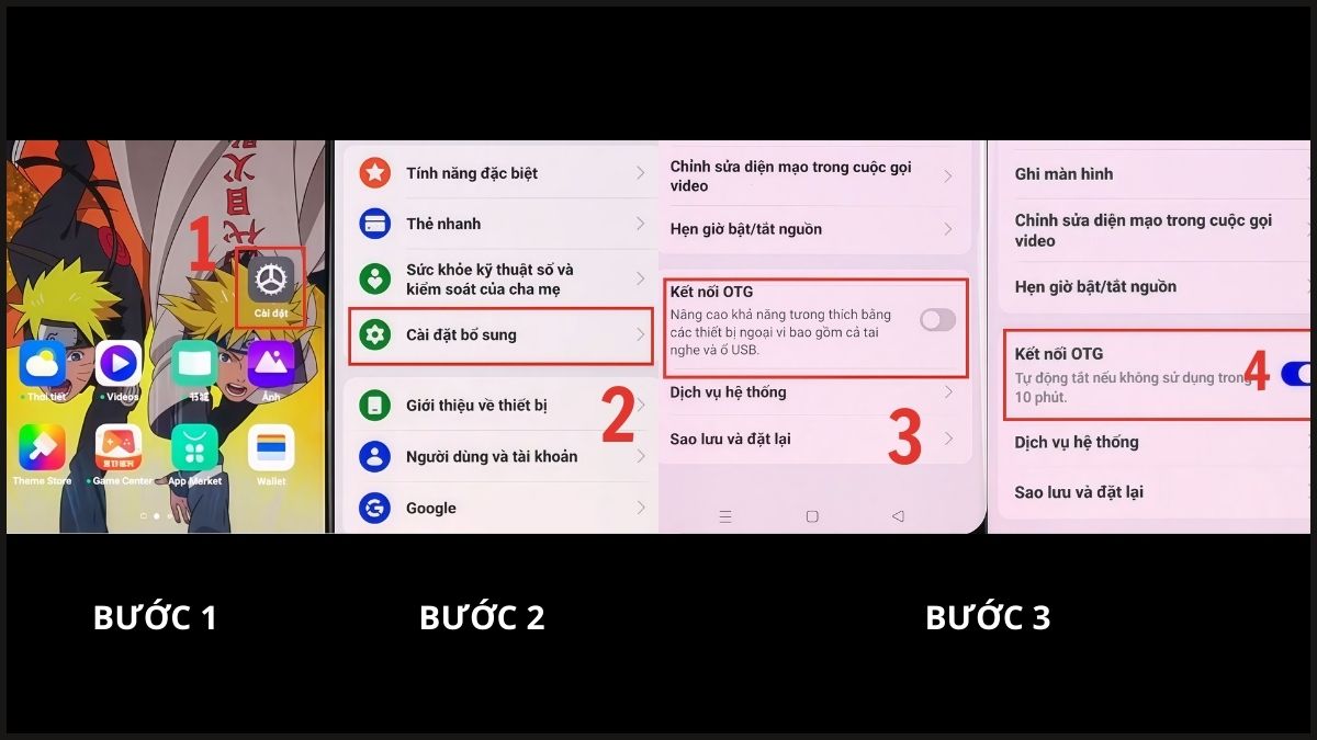 Cách bật OTG trên điện thoại Realme trong menu Cài đặt bổ sung của hệ thống.