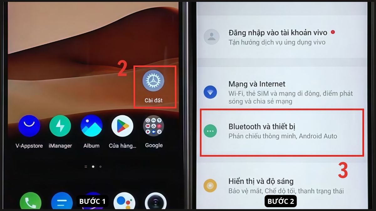 Cách bật OTG trên Android cho dòng Vivo tại mục Bluetooth và thiết bị.