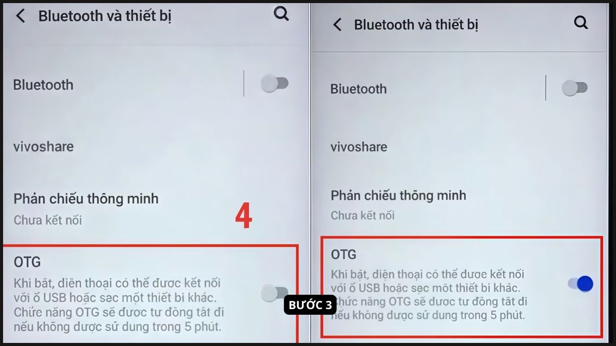 Gạt công tắc Kết nối OTG trên điện thoại Vivo để bắt đầu sử dụng phụ kiện.