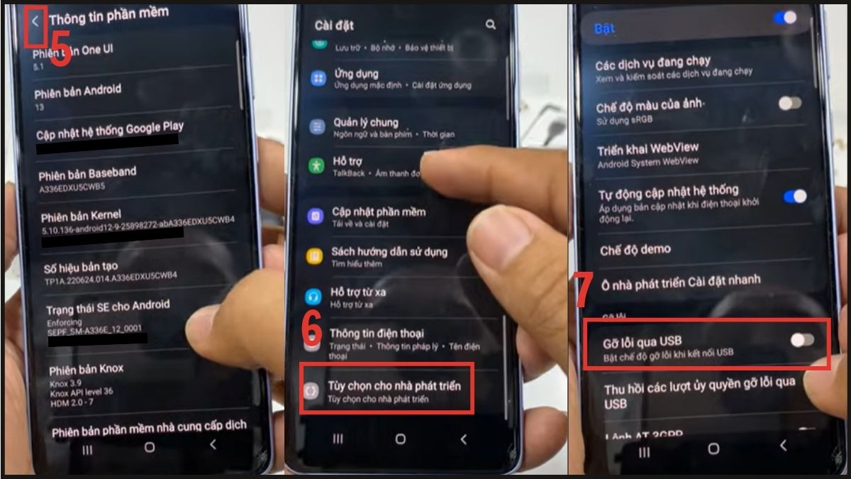 Cách bật OTG trên Android cho máy Samsung thông qua tùy chọn Gỡ lỗi qua USB.