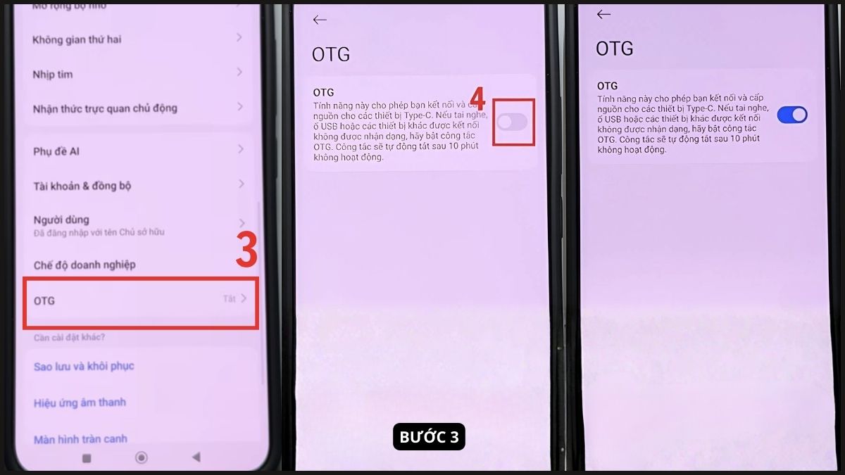 Hướng dẫn bật OTG cho Xiaomi bằng cách gạt công tắc Kết nối OTG trong cài đặt.