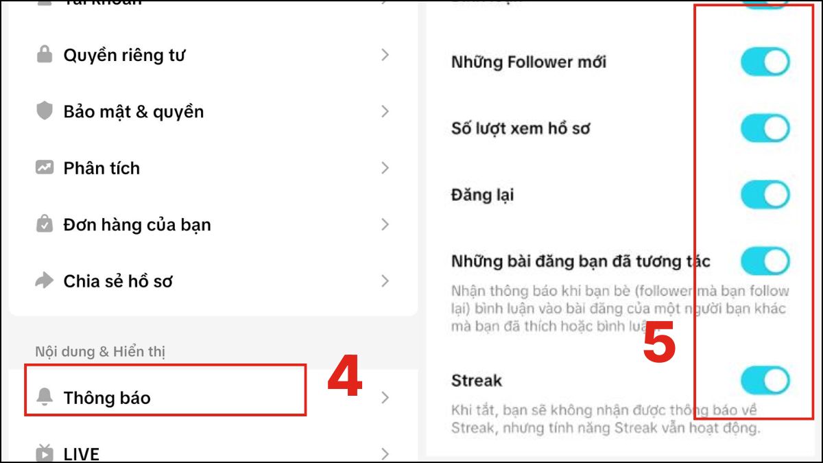 Gạt tắt các mục tương tác trong phần cách tắt thông báo tiktok trên iphone.