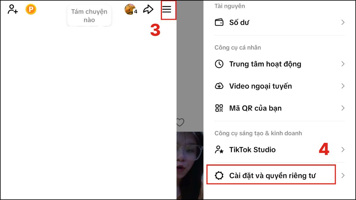 Chọn Cài đặt và quyền riêng tư hỗ trợ cách bật thông báo trên tiktok.