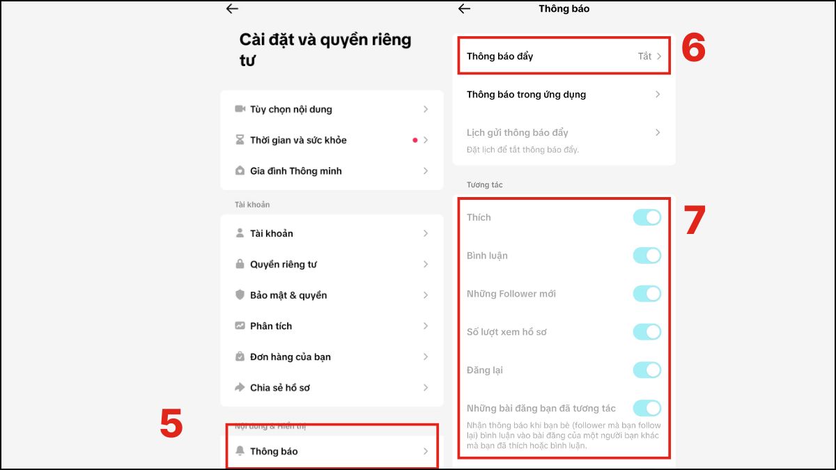 Bật các mục tương tác quan trọng trong phần bật thông báo tiktok nội bộ.