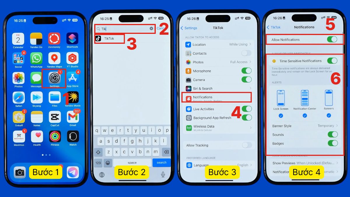 Các bước thực hiện cách bật thông báo tiktok trên iphone trong Cài đặt máy.