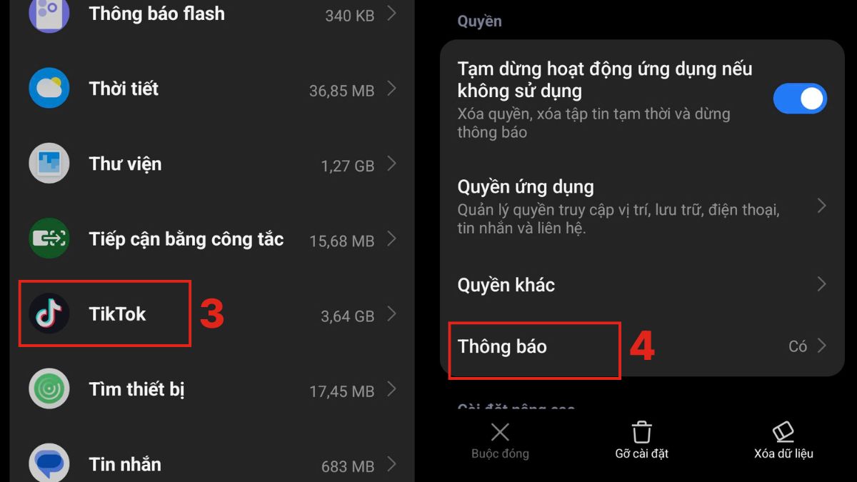 Chọn Thông báo của app TikTok để chuẩn bị bật thông báo tiktok trên Android.