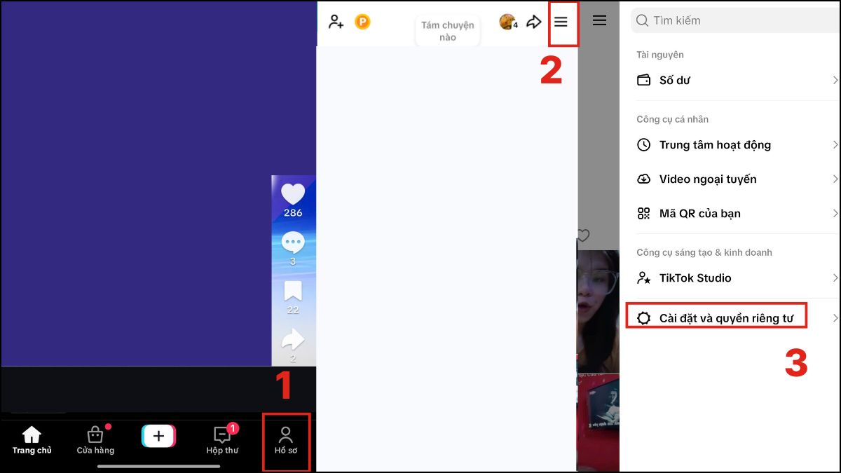 Vào Cài đặt và quyền riêng tư để tìm cách bật thông báo trên tiktok cho LIVE.