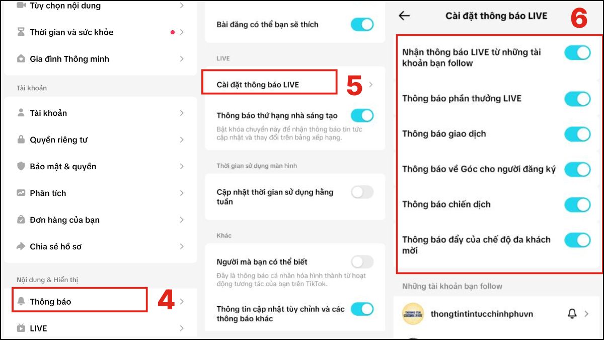 Kích hoạt nhận thông báo LIVE từ tài khoản follow khi bật thông báo tiktok.
