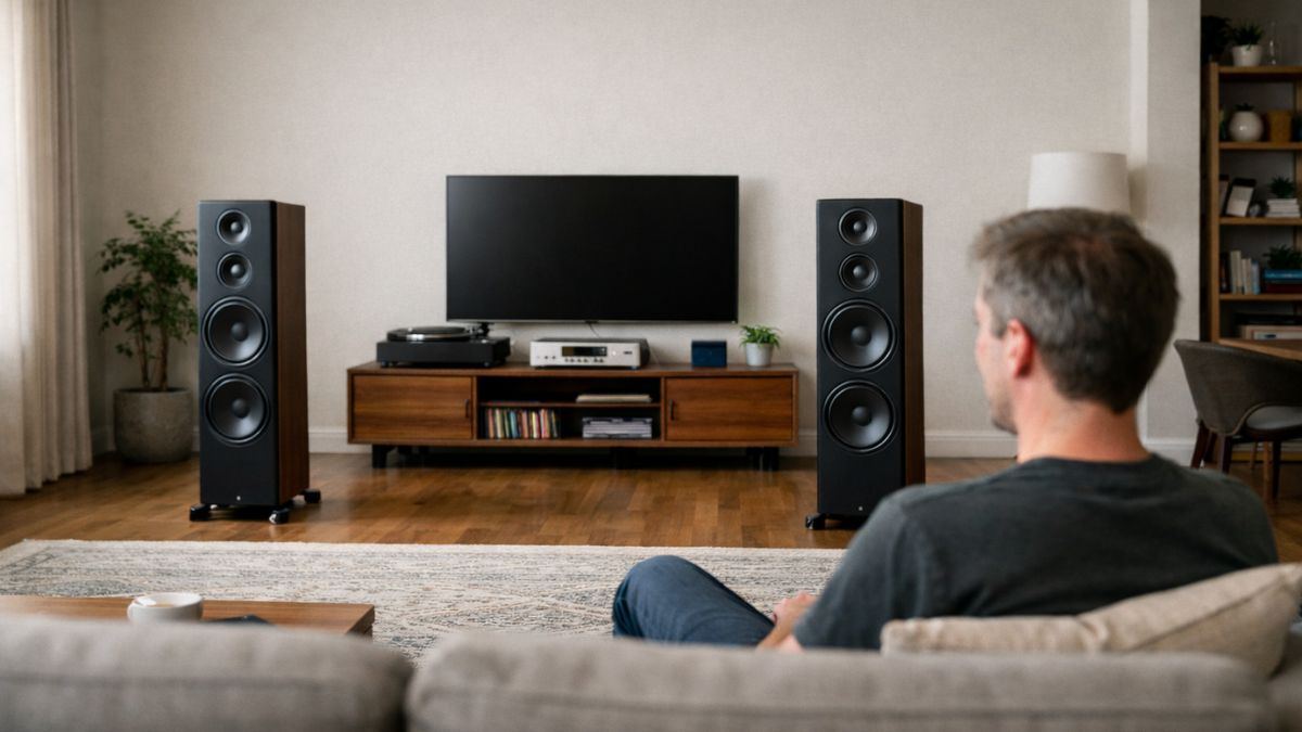 Cách bố trí loa trong phòng khách theo quy tắc 1/3 chiều sâu phòng.