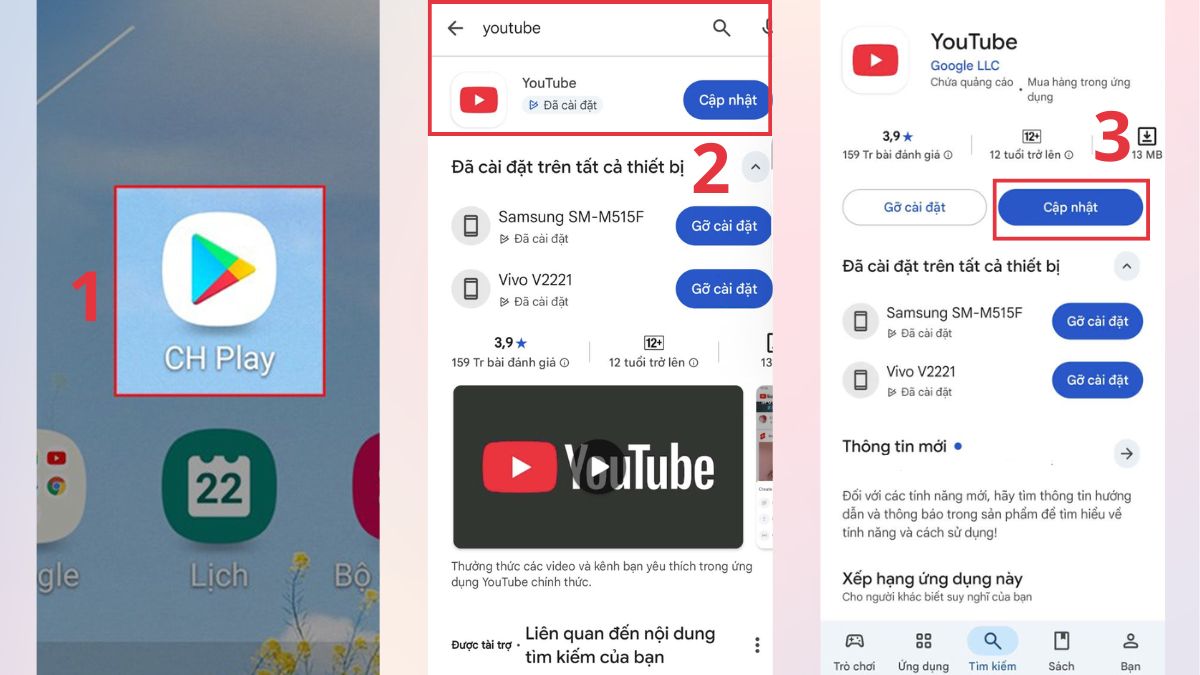 Thao tác thực hiện cách cập nhật youtube trên điện thoại Android.