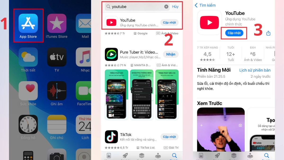 Các bước hướng dẫn cách cập nhật youtube trên điện thoại iPhone.