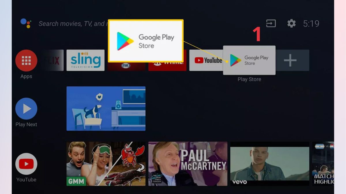 Mở Google Play Store để thực hiện cách cập nhật youtube trên tivi.