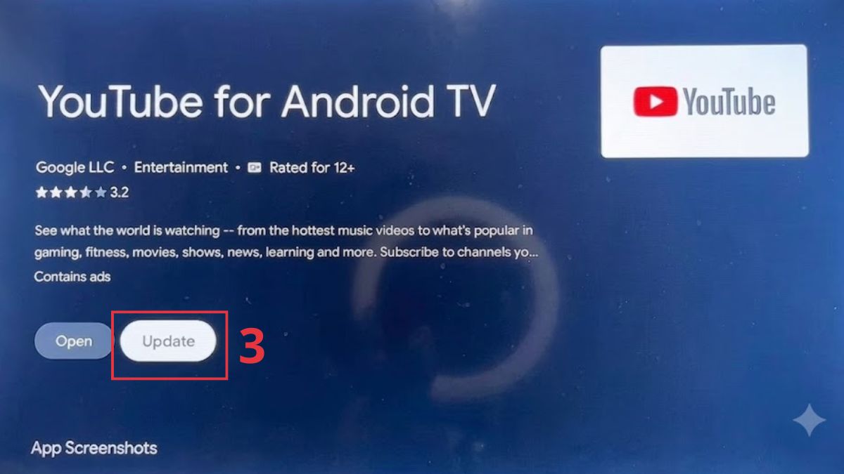 Nhấn nút Update hoàn tất cách cập nhật youtube trên tivi Android.