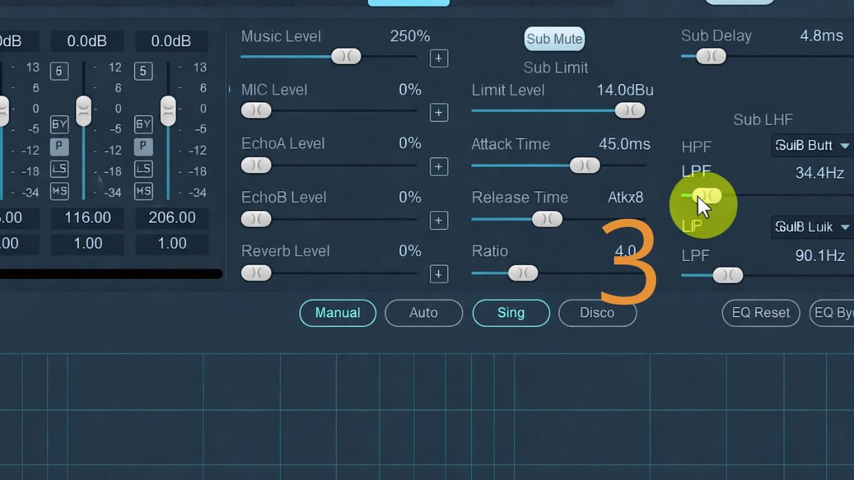 Cài đặt High Pass Filter (HPF) để bảo vệ mạch cắt tần loa sub khỏi tần số quá thấp.
