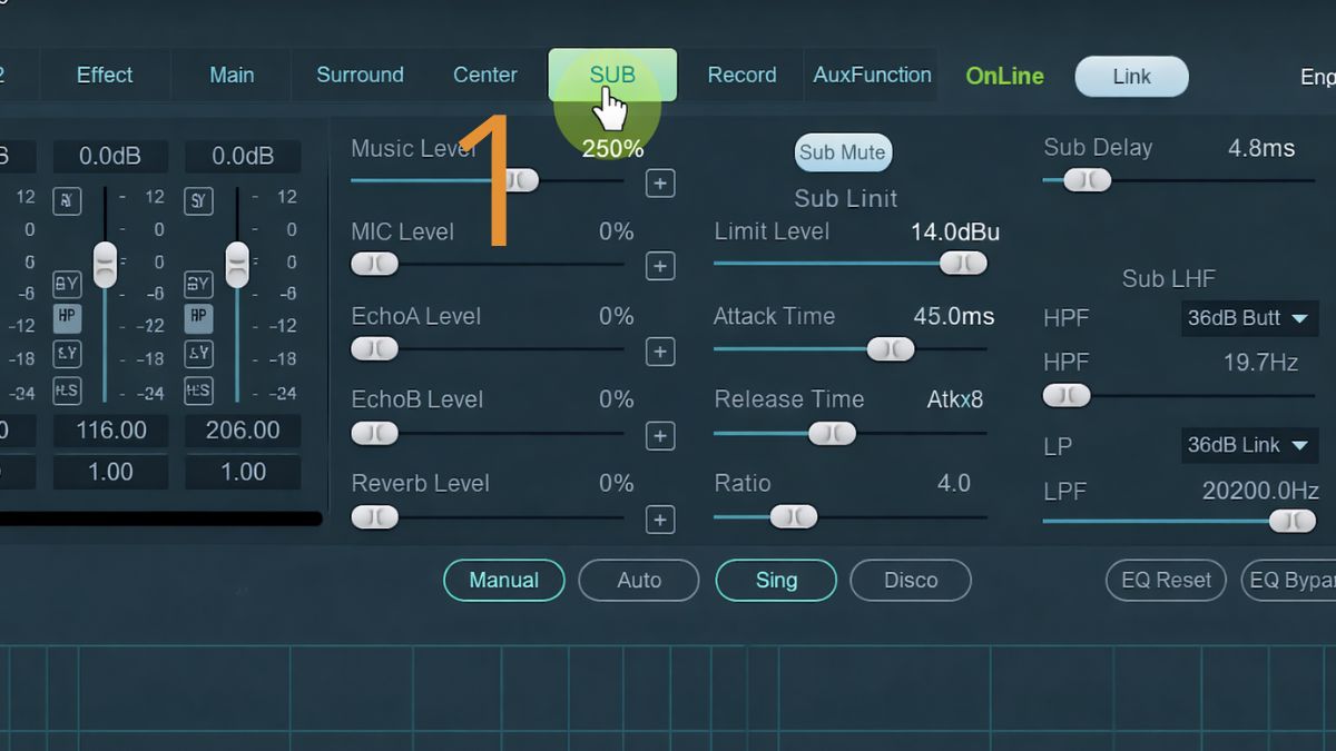 Truy cập mục cài đặt SUB trên phần mềm để tìm cách cắt tần số loa sub trên vang số.
