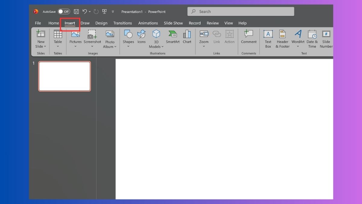 Nhấn thẻ Insert hỗ trợ cách chèn video từ youtube vào powerpoint.