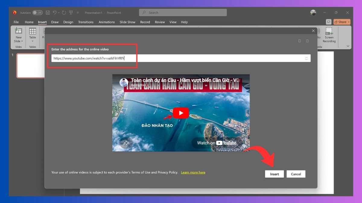 Dán đường link URL thực hiện cách chèn video youtube vào powerpoint.