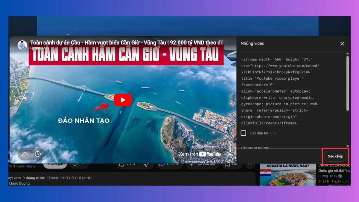 Sao chép mã nhúng hỗ trợ cách chèn video youtube vào powerpoint.