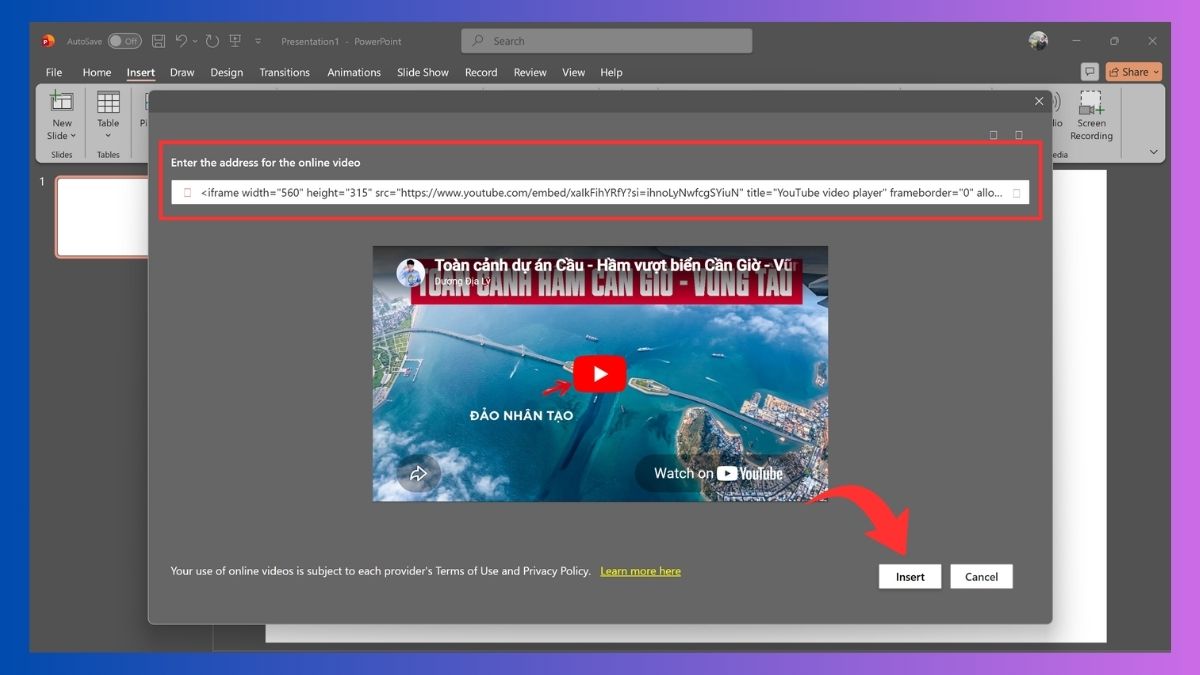 Dán mã nhúng hoàn tất cách chèn video youtube vào powerpoint.