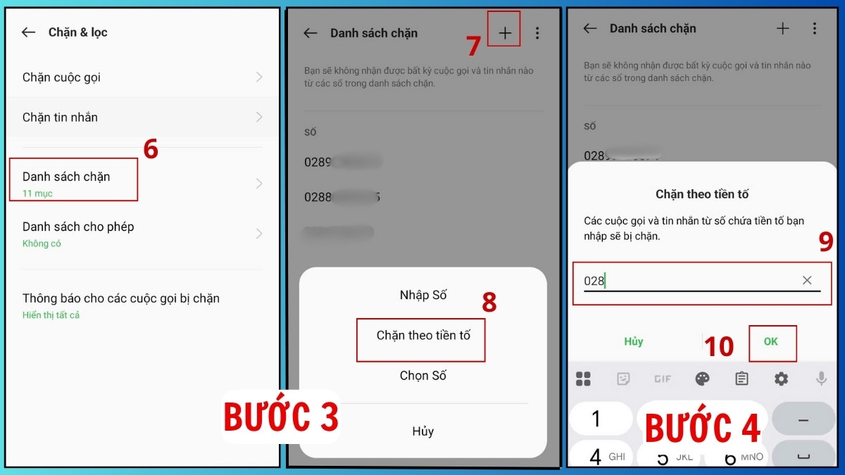 Làm sao để chặn đầu số 028 bằng quy tắc chặn theo tiền tố trên máy Oppo.