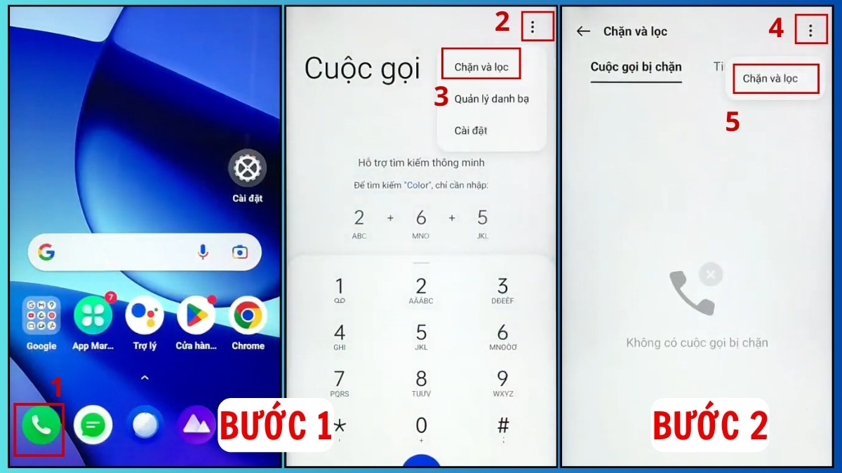 Cách chặn các đầu số 028 trên điện thoại Realme thông qua menu Chặn và lọc.