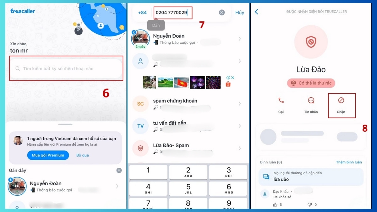 Tìm kiếm và chọn chặn số lạ 028 bằng ứng dụng nhận diện cuộc gọi Truecaller.
