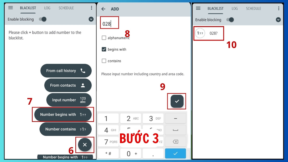Sử dụng tính năng Numbers begins with 028 trên ứng dụng Calls Blacklist cực đơn giản.